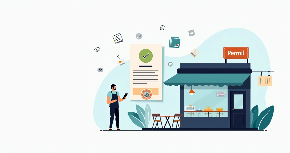 Ilustração de restaurante recebendo alvará de funcionamento com destaques para segurança e legislação