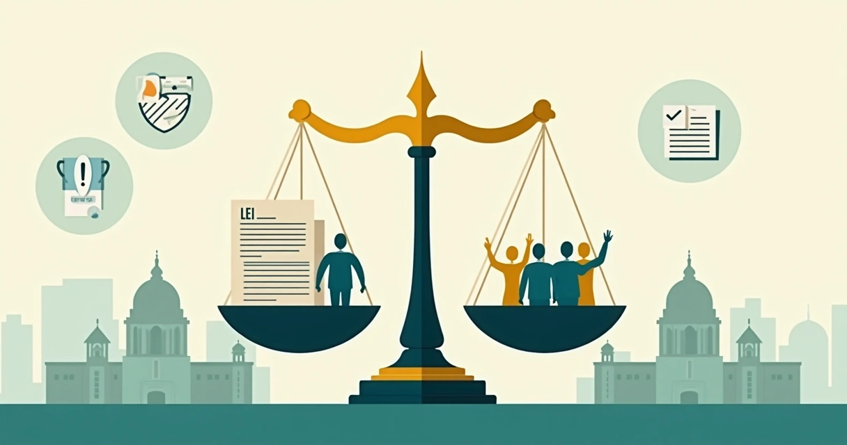 Ilustração de balança da justiça diante do Congresso Nacional