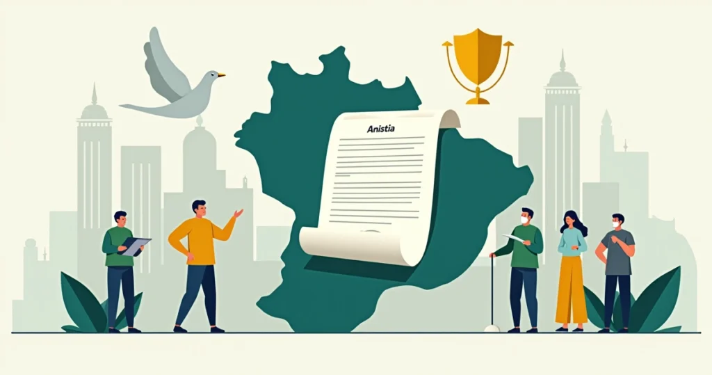 Ilustração de anistia com documento oficial sobre mapa do Brasil e símbolos de democracia