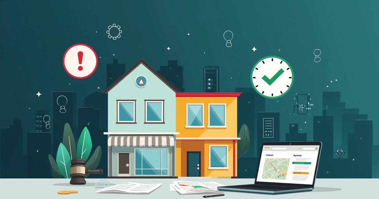 Ilustração de casa urbana sendo regularizada com relógio de prazo e carimbo de aprovado