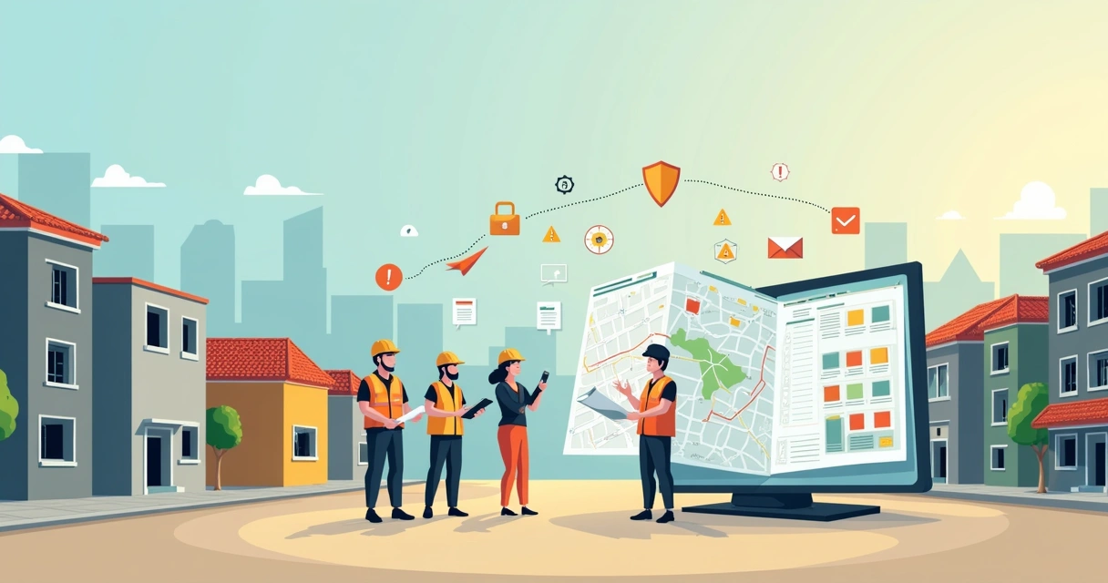 Ilustração de bairro urbano com imóveis irregulares sendo regularizados por equipe técnica
