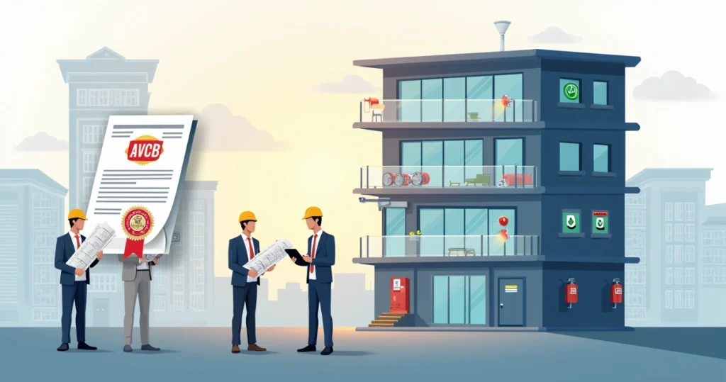 Ilustração de edifício com equipamentos de combate a incêndio integrados