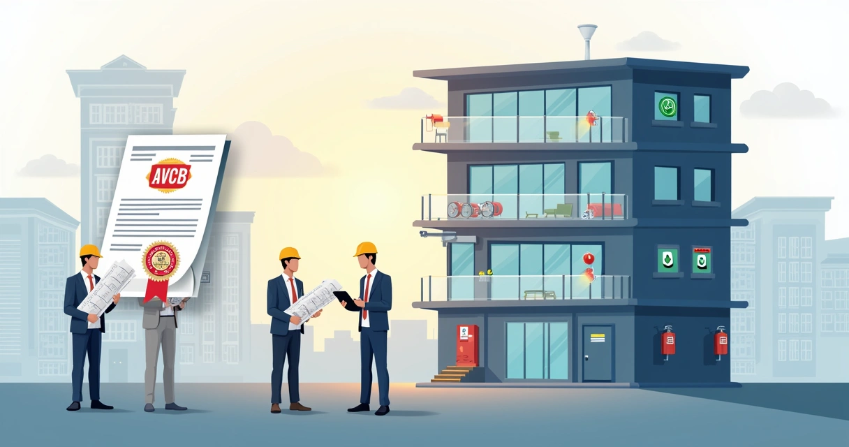 Ilustração de edifício com equipamentos de combate a incêndio integrados