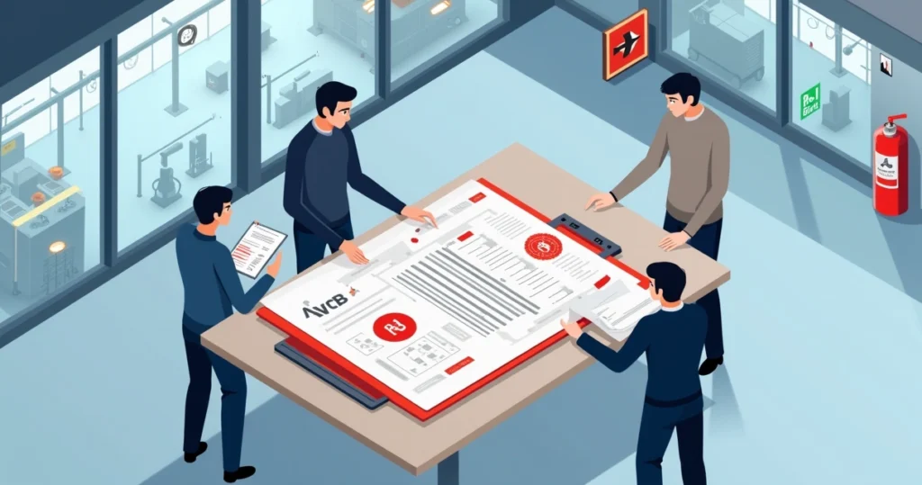 Equipe Técnica analisando planta de segurança contra incêndio em ambiente industrial