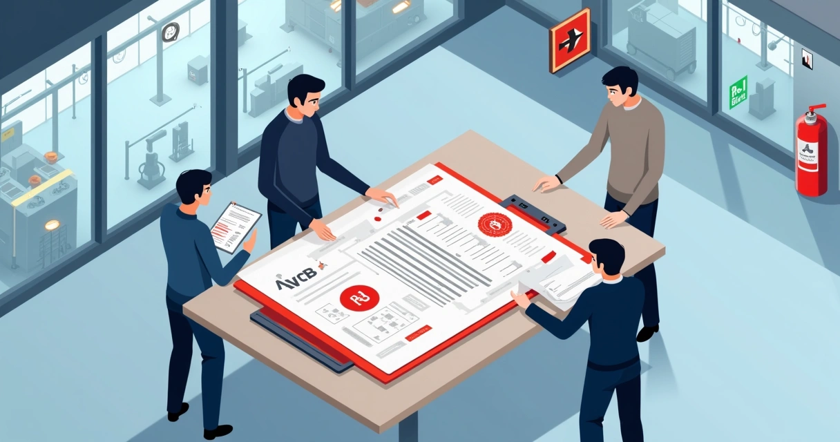 Equipe Técnica analisando planta de segurança contra incêndio em ambiente industrial