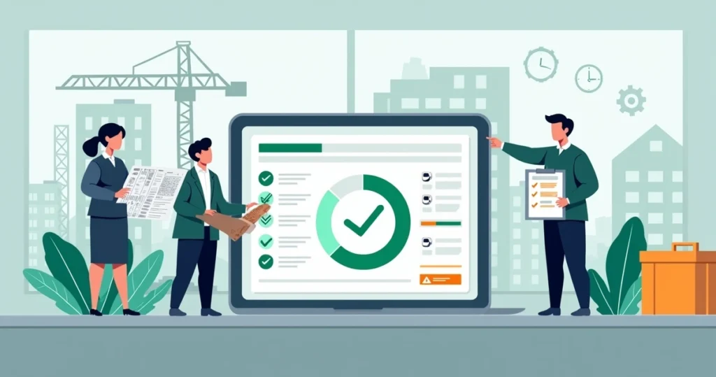 Equipe analisando cadastro de obra com checklist digital e canteiro ao fundo