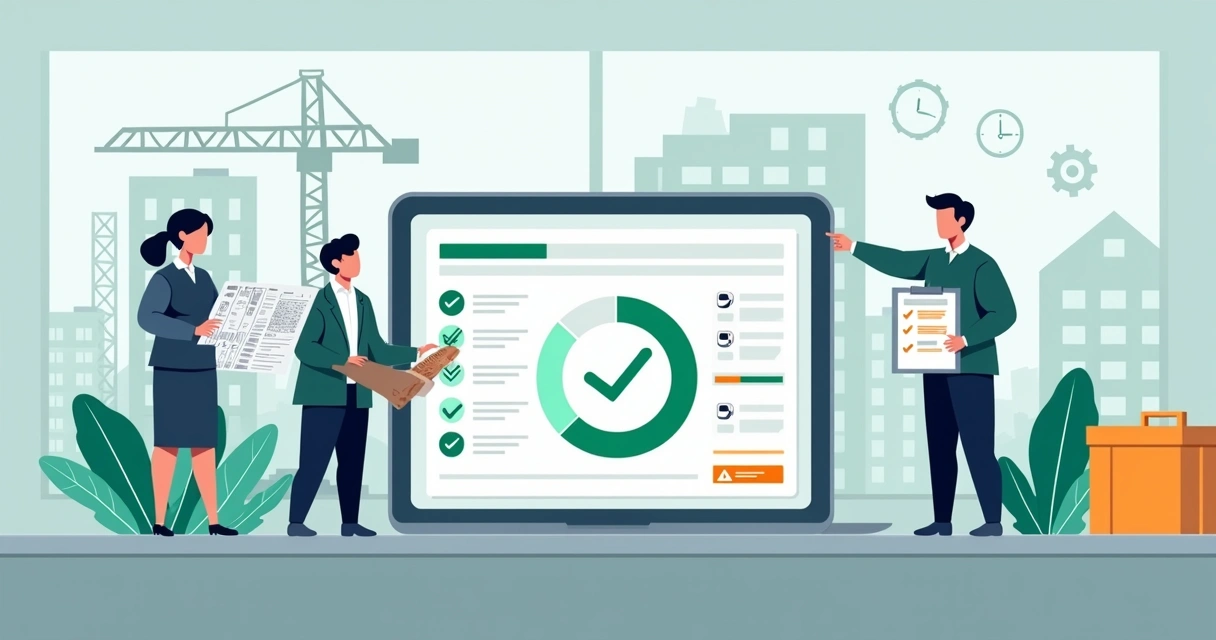 Equipe analisando cadastro de obra com checklist digital e canteiro ao fundo