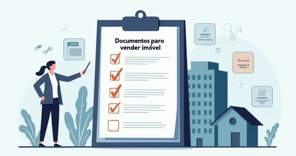 Checklist de documentos para venda de imóvel em ilustração corporativa