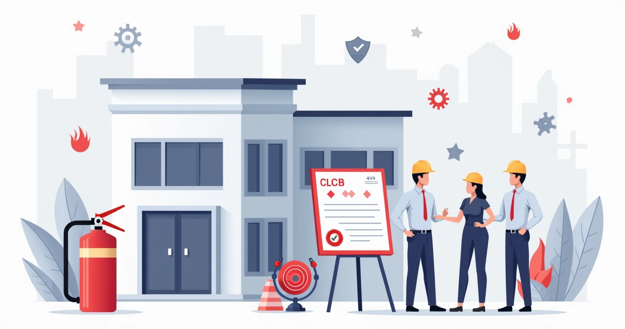 Ilustração de prédio comercial com extintor e certificado de CLCB destacado