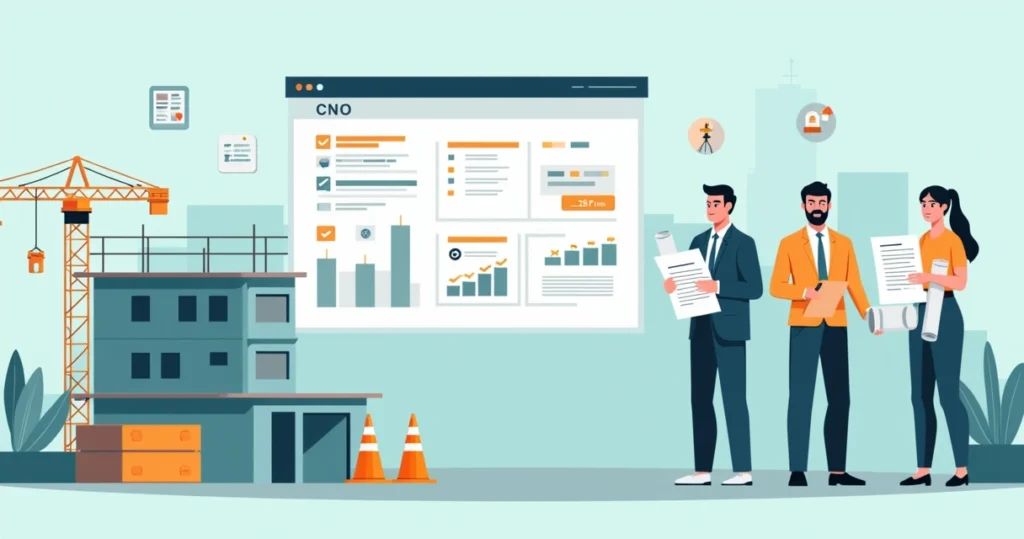 Fluxo de regularização de obra com proprietário, arquiteto e painel com CNO