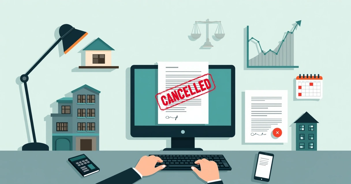 Contrato de compra de imóvel sendo cancelado com assinatura digital em laptop