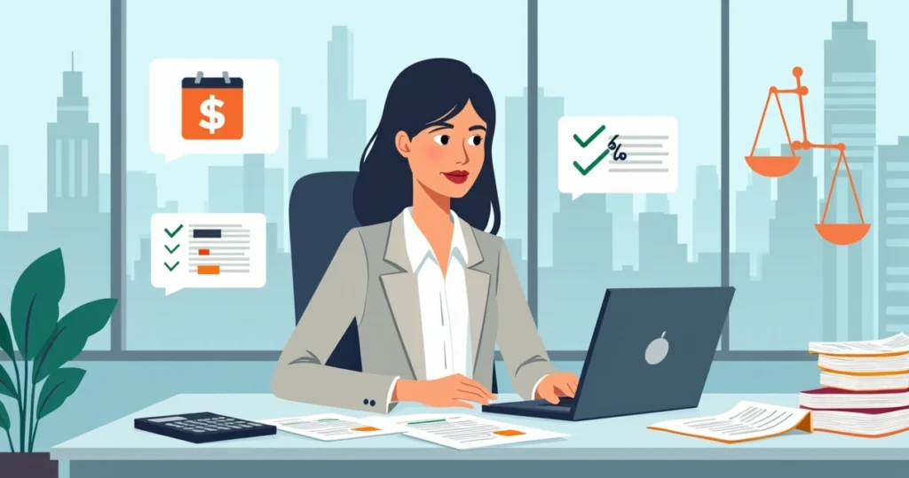 Advogada calculando distrato de contrato imobiliário com gráficos e imóvel ao fundo