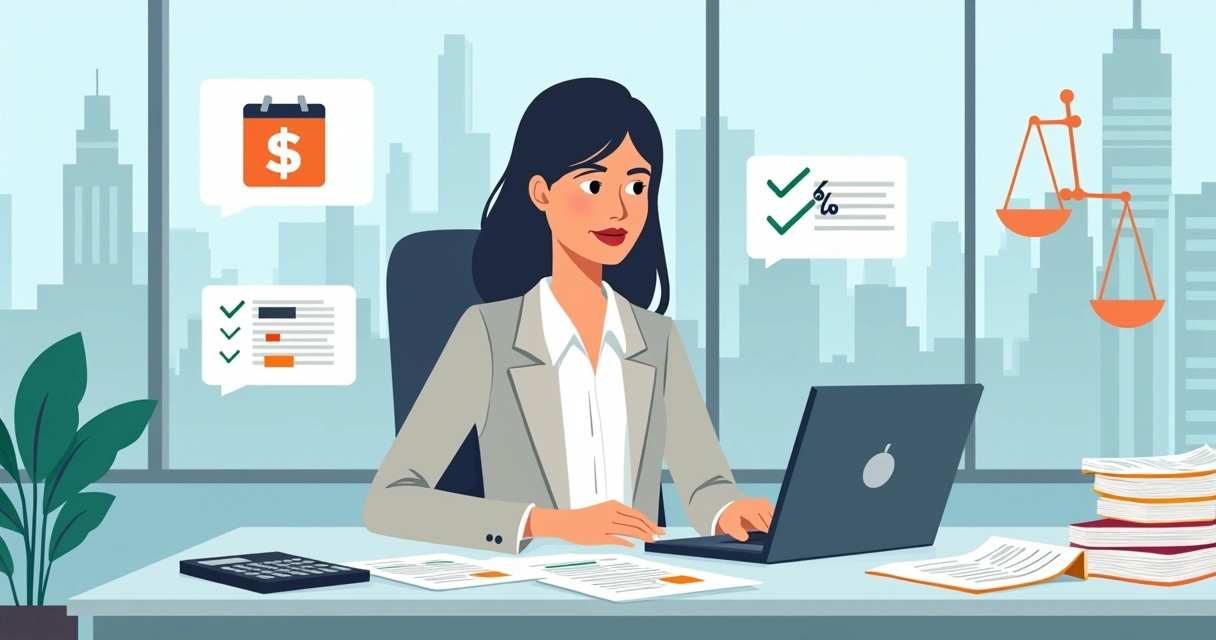 Advogada calculando distrato de contrato imobiliário com gráficos e imóvel ao fundo