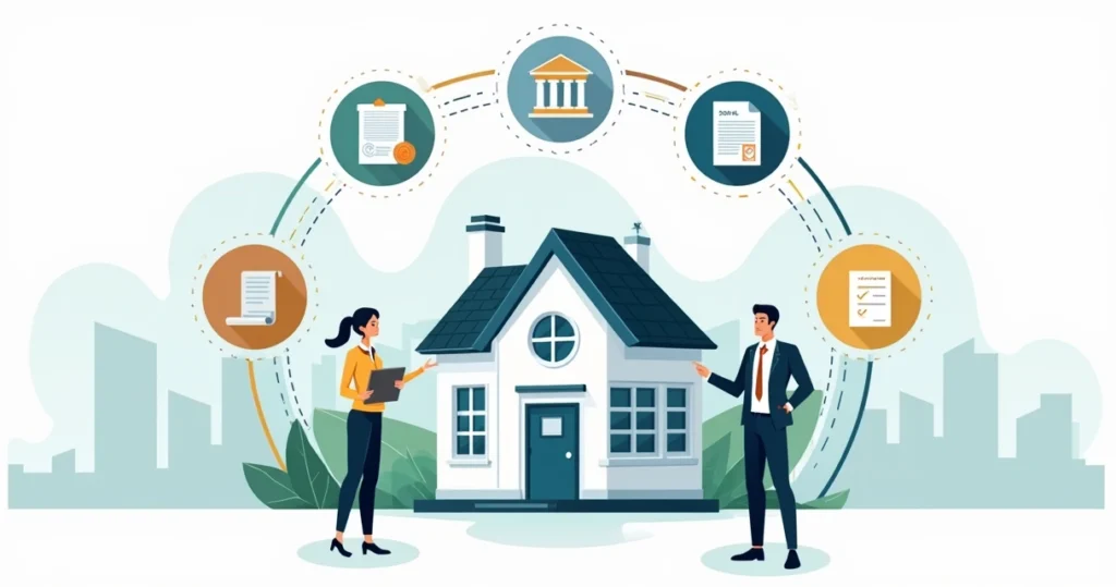 Ilustração de casa cercada por sete ícones de etapas de regularização imobiliária