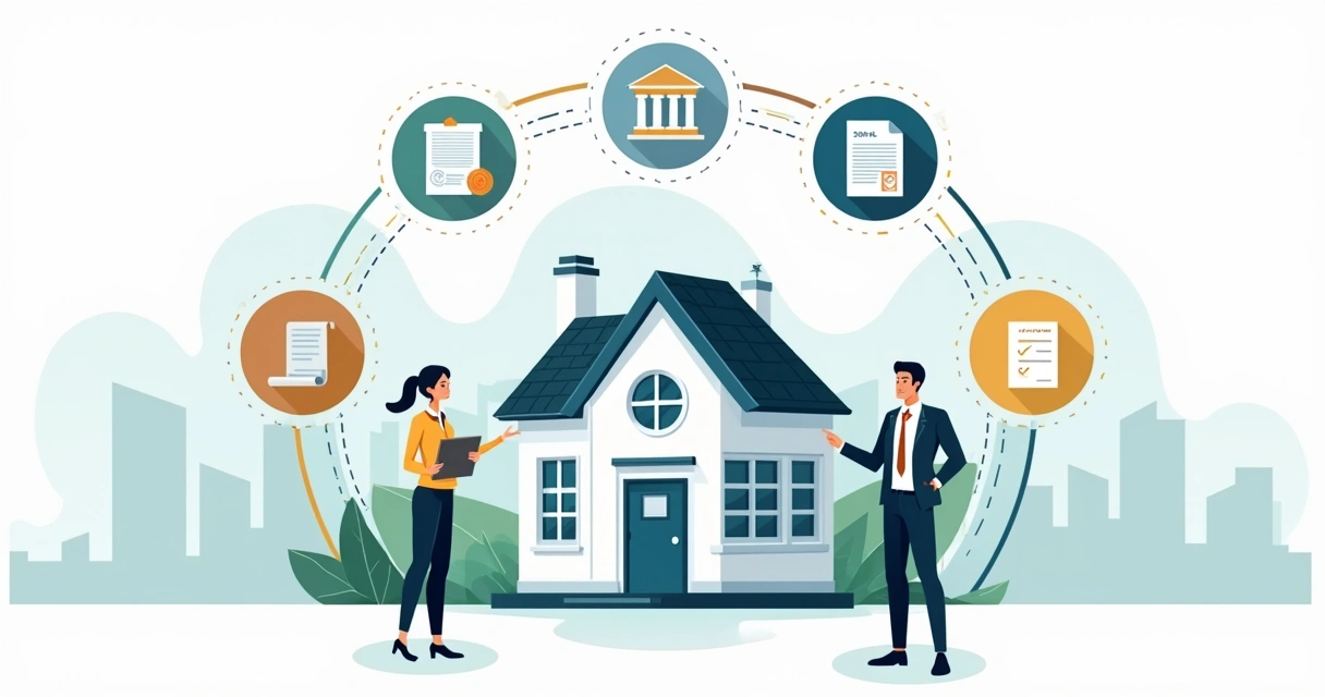 Ilustração de casa cercada por sete ícones de etapas de regularização imobiliária