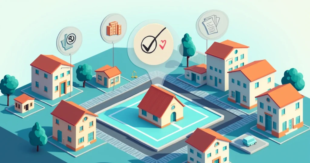 Ilustração de bairro urbano com destaque para imóvel sendo regularizado por usucapião