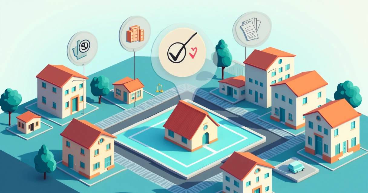 Ilustração de bairro urbano com destaque para imóvel sendo regularizado por usucapião