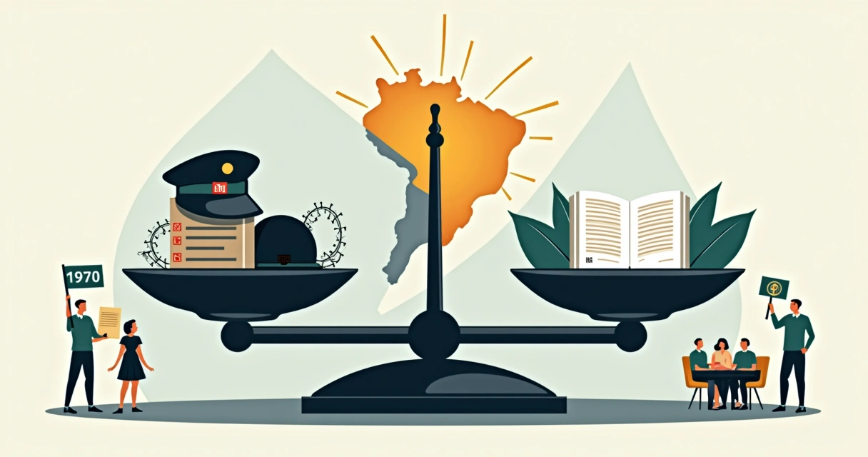 Balança da justiça com símbolos da ditadura e da democracia em contraste