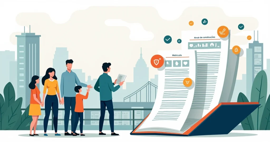 Ilustração de família analisando documentos de regularização de imóvel em São Paulo