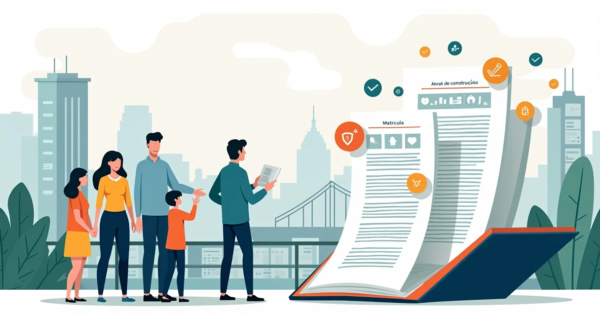 Ilustração de família analisando documentos de regularização de imóvel em São Paulo