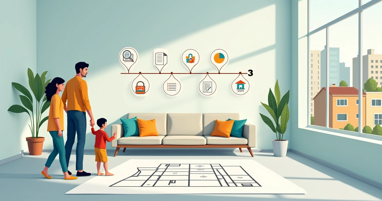 Família analisando planta de imóvel regularizado com linha do tempo de 7 passos no fundo