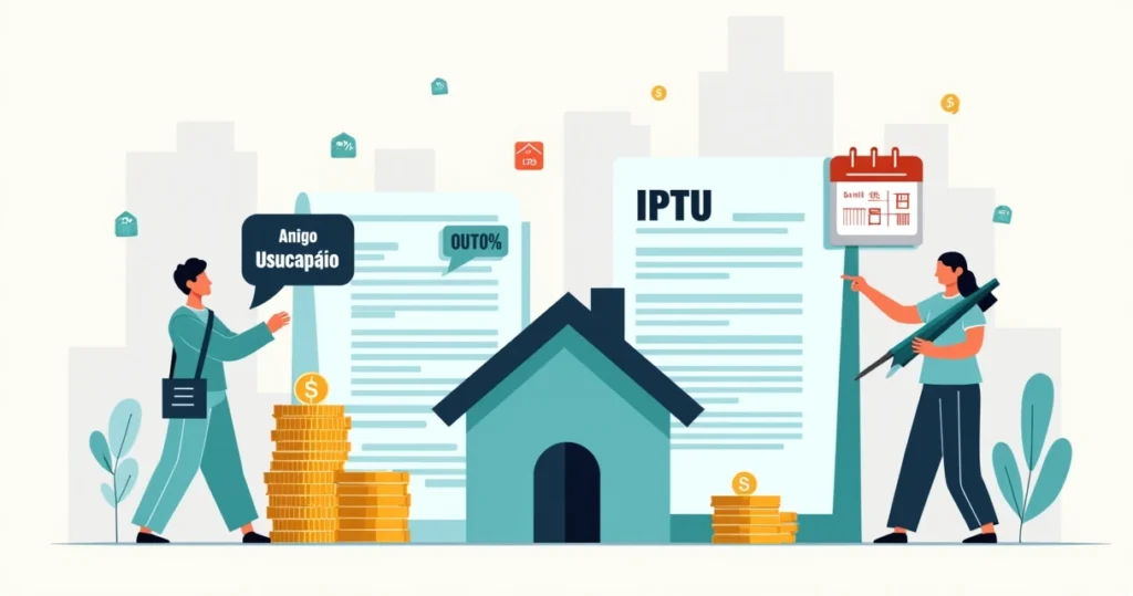 Contrato de imóvel sobrepona ficha de IPTU com ícones de responsabilidade financeira