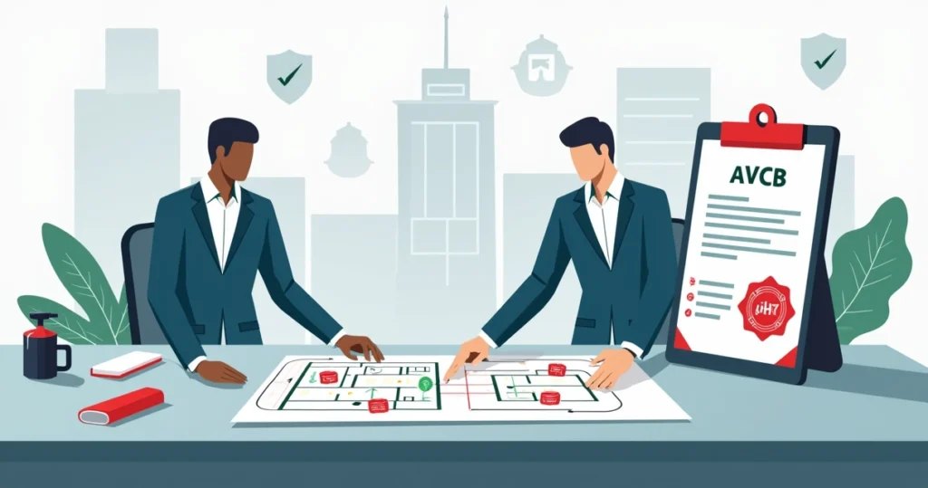 Equipe técnica analisando projeto de segurança contra incêndio ao lado de certificado AVCB