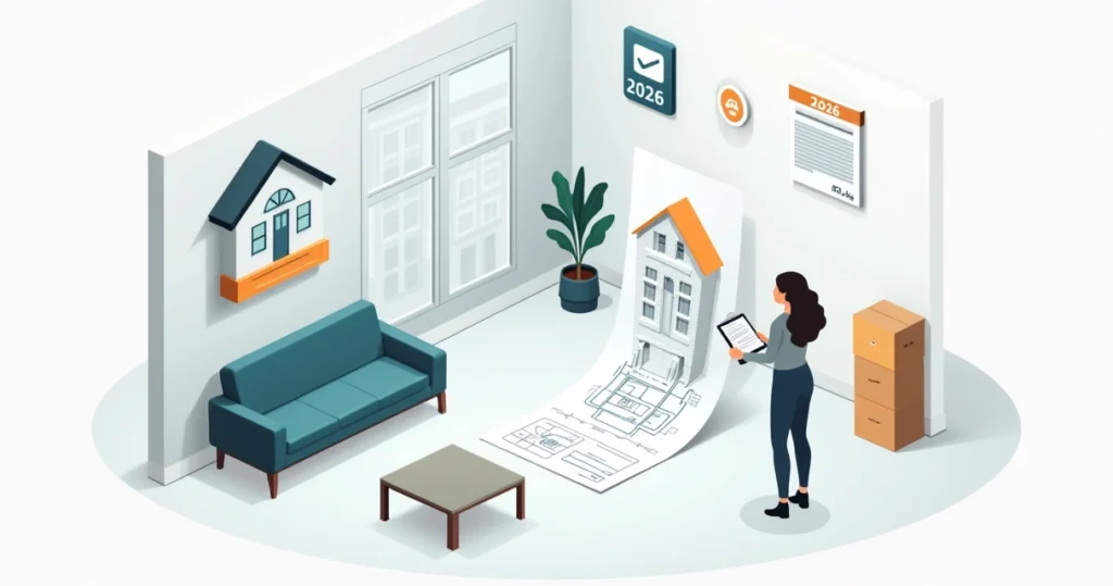 Mulher analisando planta de imóvel em sala vazia com ícones de usucapião e calendário 2026