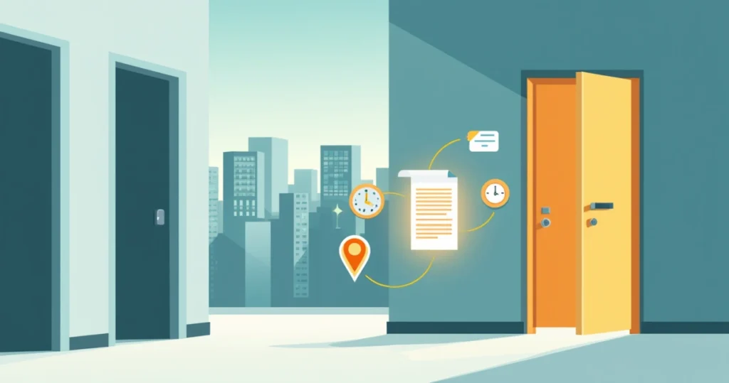 Corredor de prédio com apartamento destacado e símbolos jurídicos de usucapião