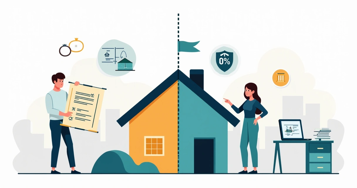 Casal separado visualiza divisão ilustrada de imóvel em cenário jurídico moderno