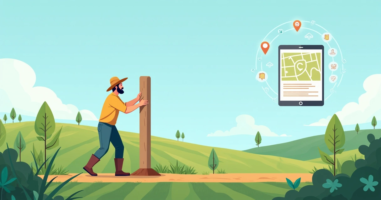 Produtor rural levantando marco de propriedade em plantação com mapas e documentos jurídicos