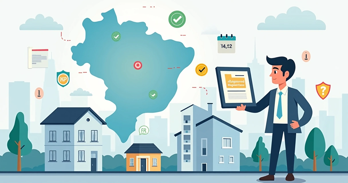 Ilustração de mapa de São Paulo com imóveis ganhando selo de regularização