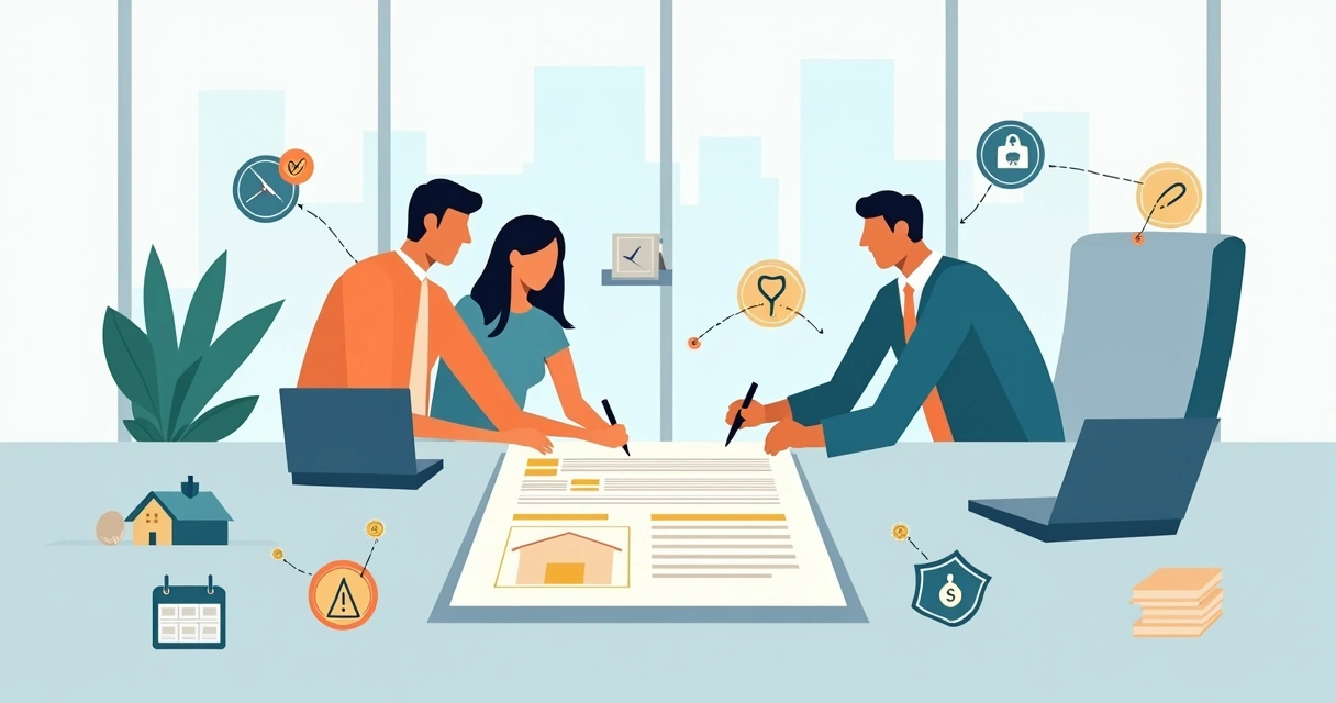 Casal analisando contrato imobiliário com assessoria profissional em escritório moderno