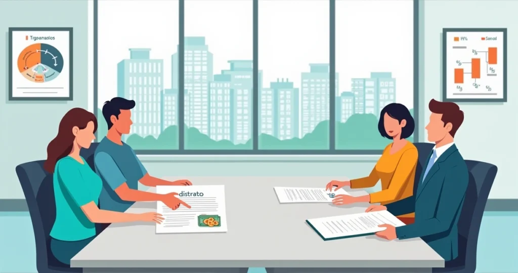 Ilustração de compradores negociando distrato imobiliário com construtora em mesa de reunião