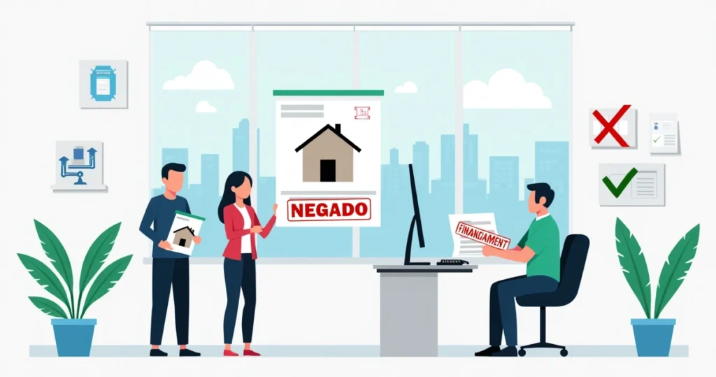 Agente bancário negando financiamento para imóvel irregular com destaque em documentos