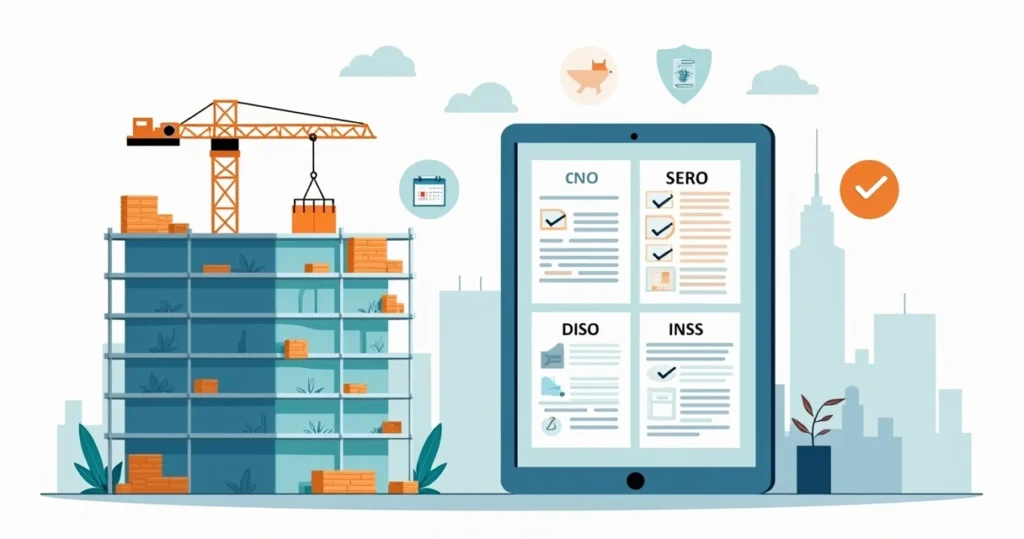 Ilustração de regularização do INSS de obra com construção e documentos digitais organizados