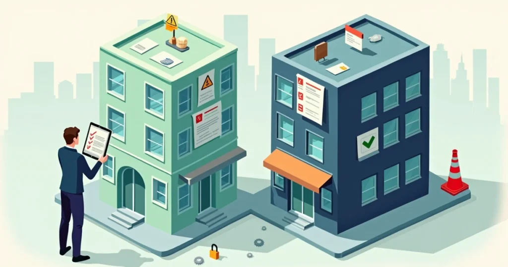Ilustração de imóvel urbano metade regularizado e metade irregular com símbolos de risco jurídico