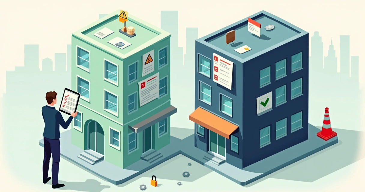 Ilustração de imóvel urbano metade regularizado e metade irregular com símbolos de risco jurídico