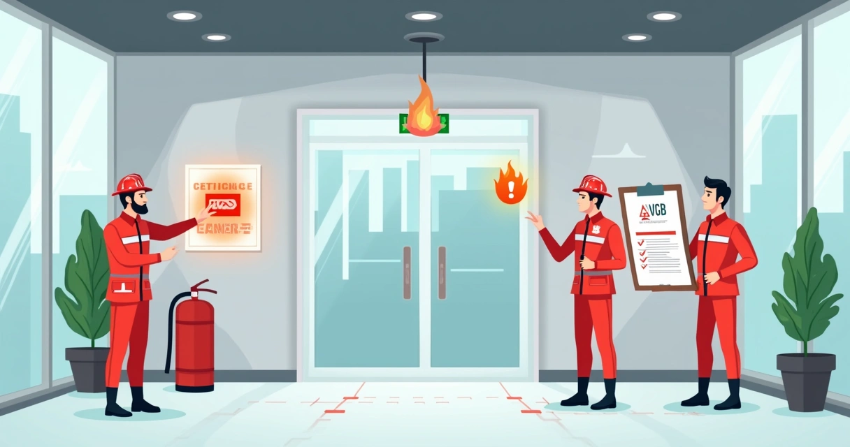 Vistoria de bombeiros em imóvel comercial verificando itens de segurança contra incêndio